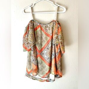 Flowy chiffon top Small orange/blue floral cold shoulder crochet Bohemian Hippie